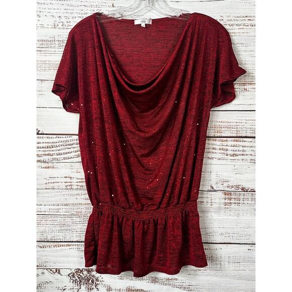 Halo Women's Polyester Spandex Sparkle Sequin Accent Pullover Top Red Medium - Picture 2 of 10